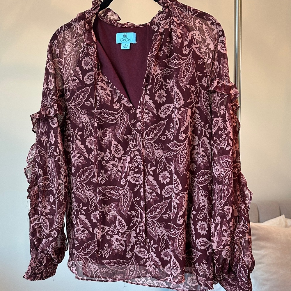 CeCe Maroon Floral Blouse with ruffle sleeves
